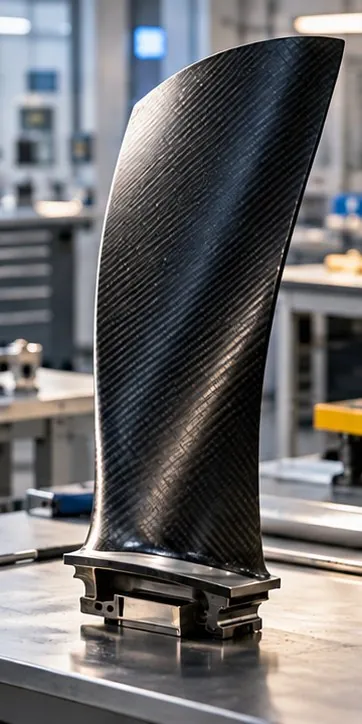 A finished carbon-fibre blade standing on a workbench