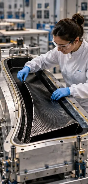 A technician in a white coat and blue gloves laying composite plies into a mould