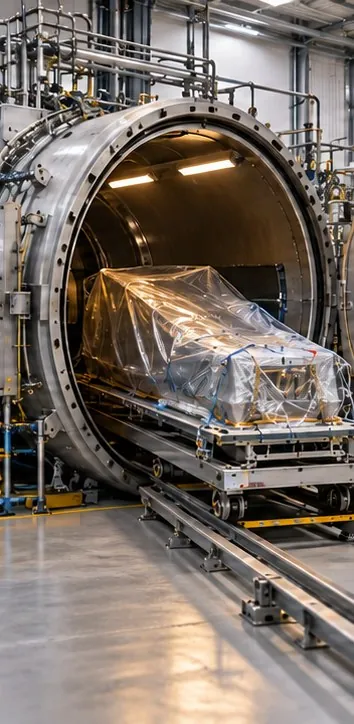 A blade wrapped in plastic on rails, entering an autoclave