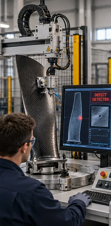An engineer at a workstation beside a blade, with a defect-detected view on the monitor