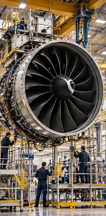 Technicians on scaffolding assembling a jet engine