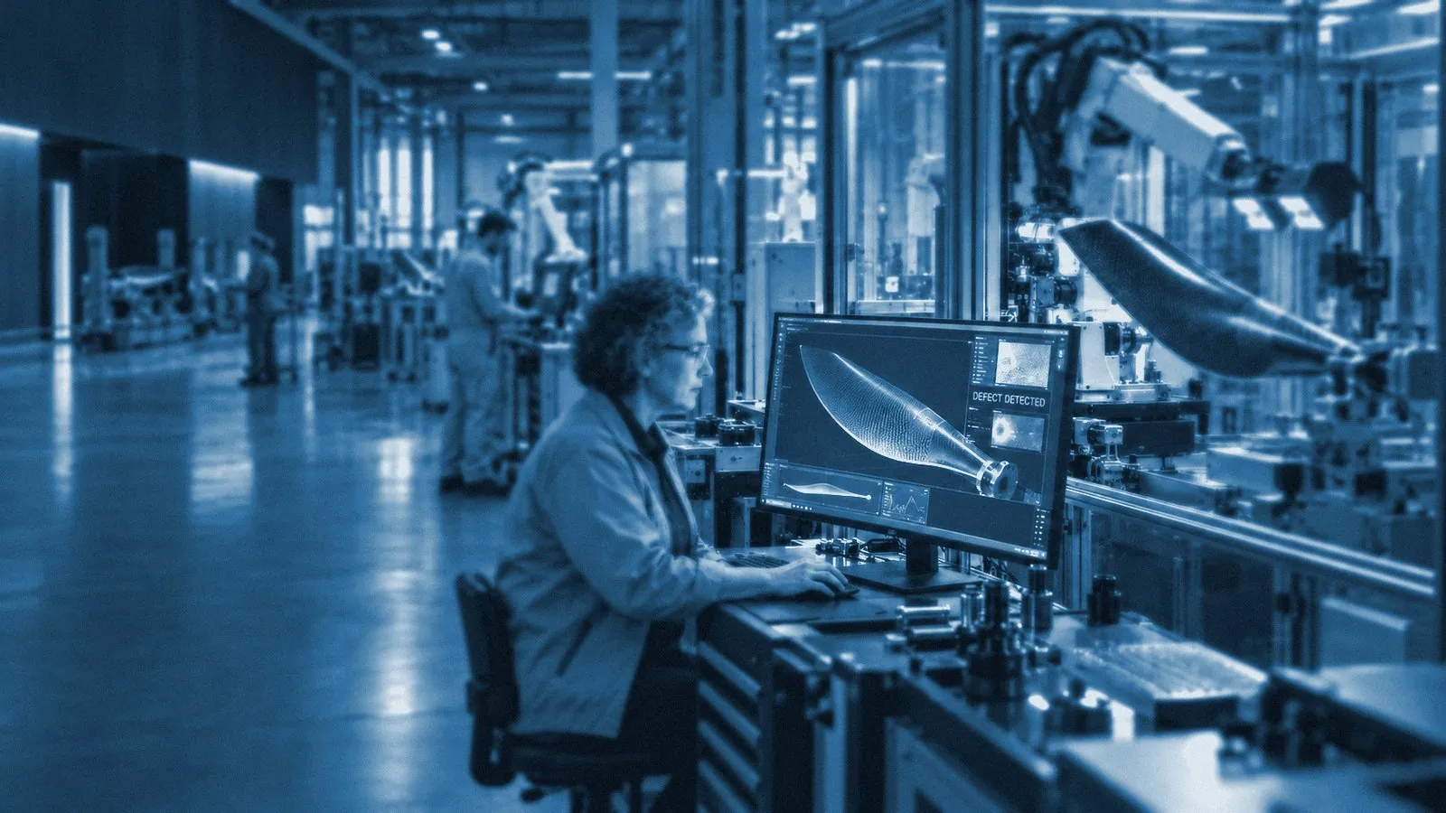 An engineer reviewing a defect-detection view of a composite blade at a factory workstation