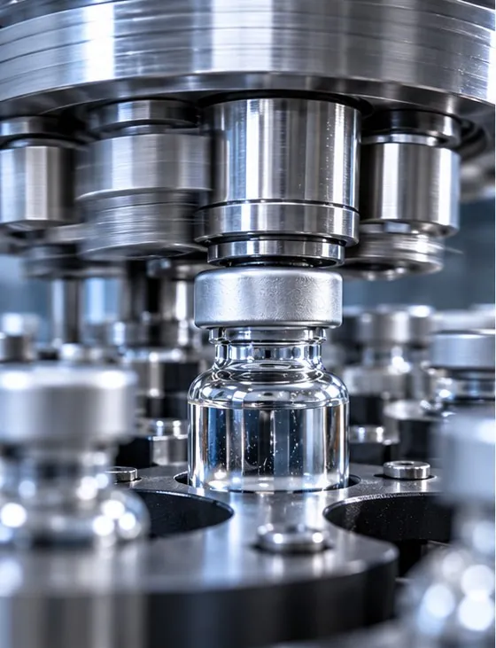 Filling needles above glass vials on a pharmaceutical filling machine