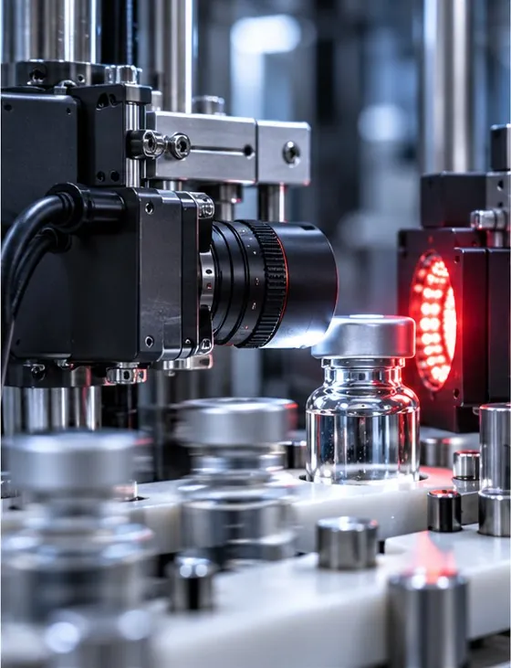 An inspection camera with a red ring light above vials on the line