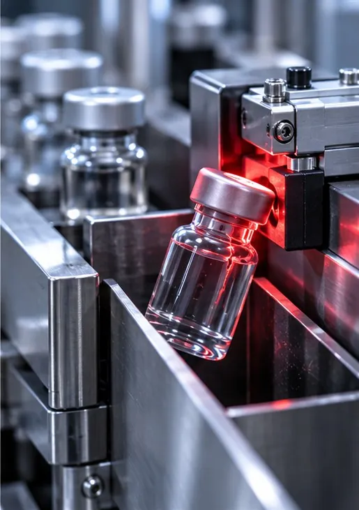 A vial lit red as it is pushed off the line by a reject gate