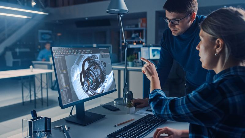Engineers reviewing a 3D model of a mechanical assembly together