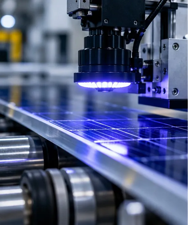 An inspection head lighting a solar panel on the production line