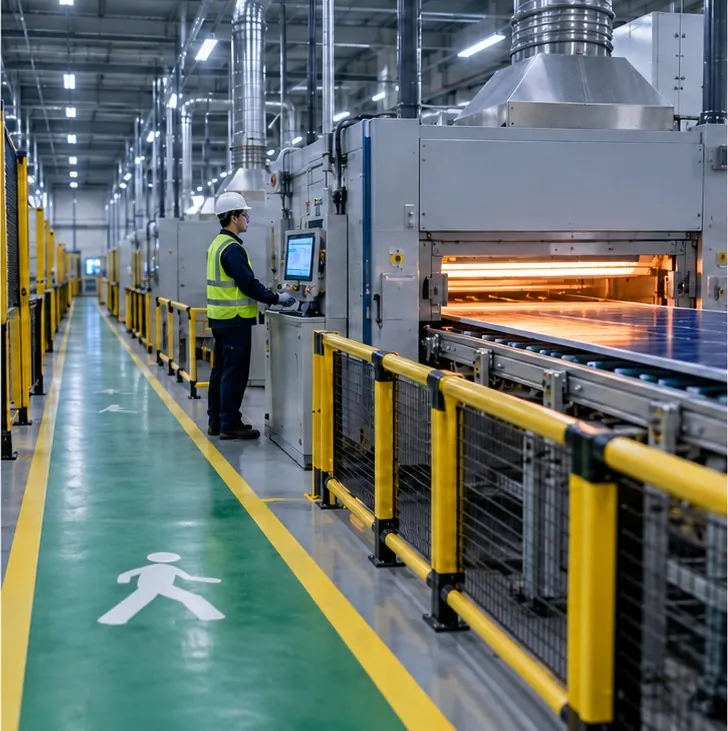 A worker in a safety vest on a marked walkway beside an oven line, behind yellow guard rails
