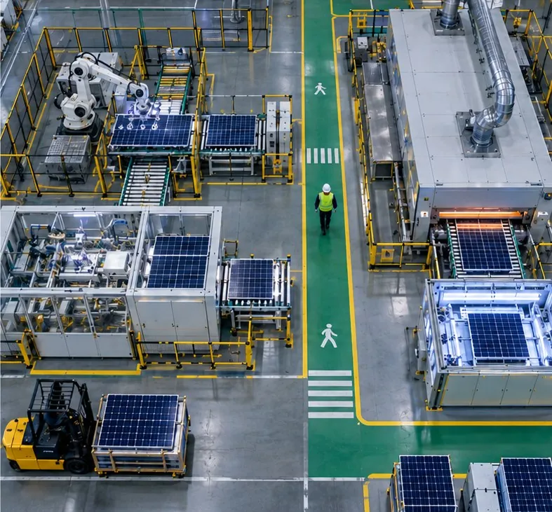 The solar panel line from above: robot cells, panel stations, walkways and a forklift