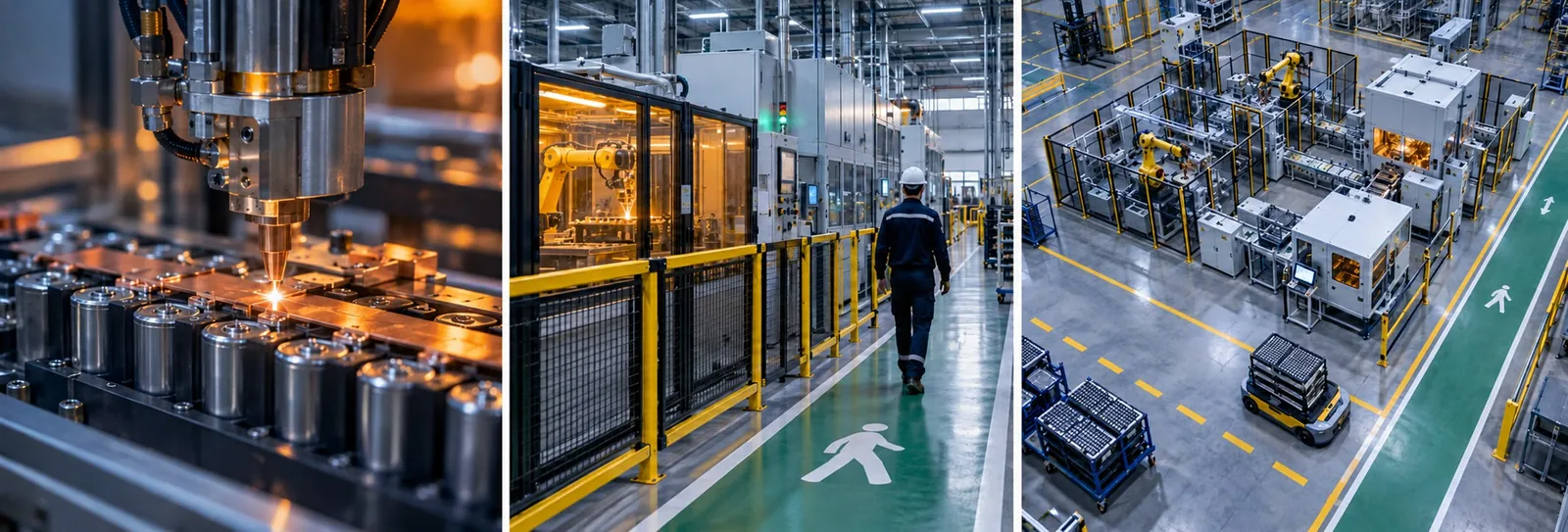 Battery busbar welding, a protected pedestrian route, and an elevated view of the factory layout.