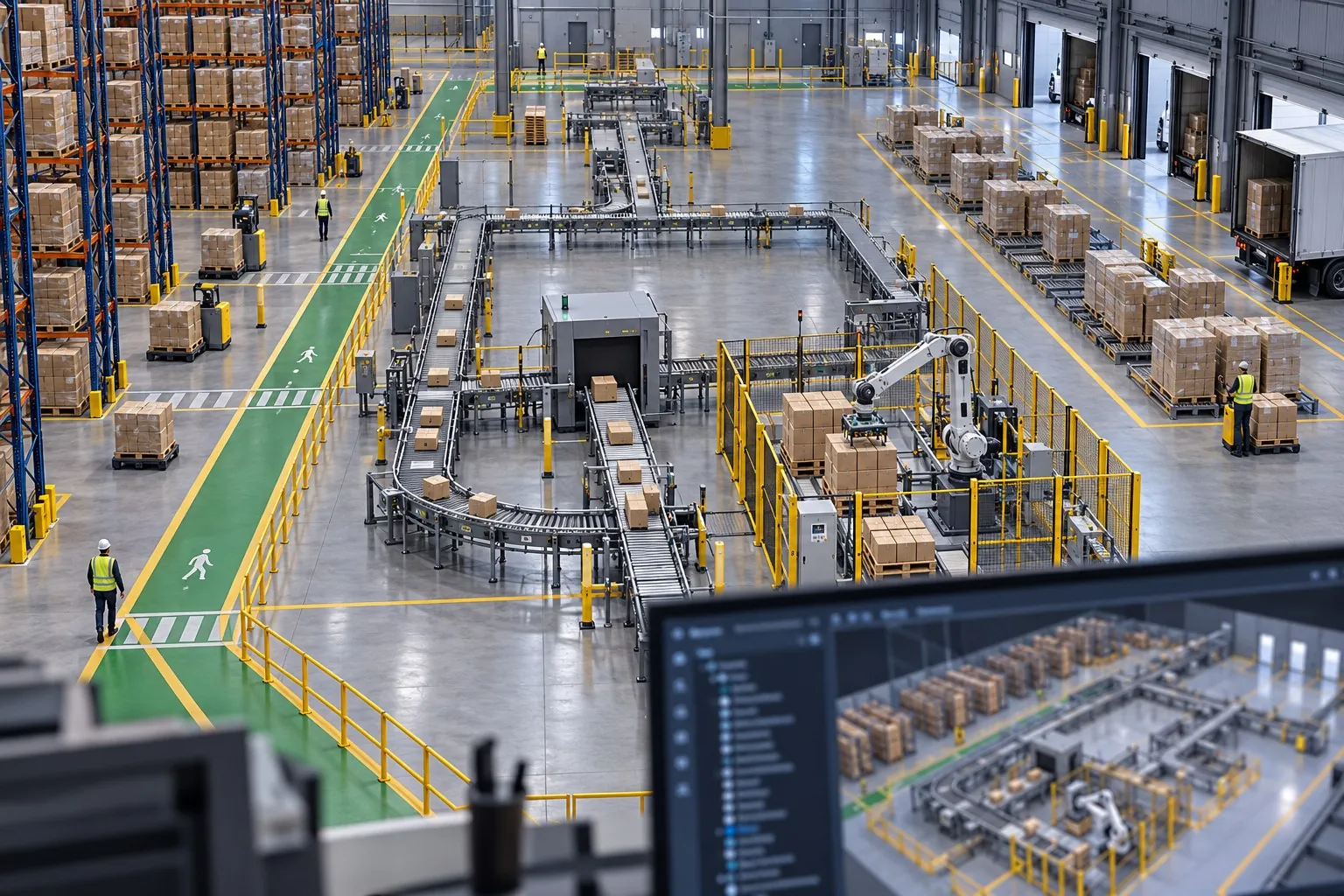 A virtual fulfillment facility showing conveyors, an inspection portal, guarded automation, and separate pedestrian routes.