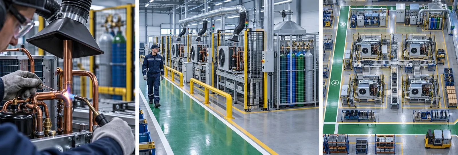 Copper-pipe brazing, a protected walkway beside gas-handling equipment, and an overhead heat-pump assembly layout.