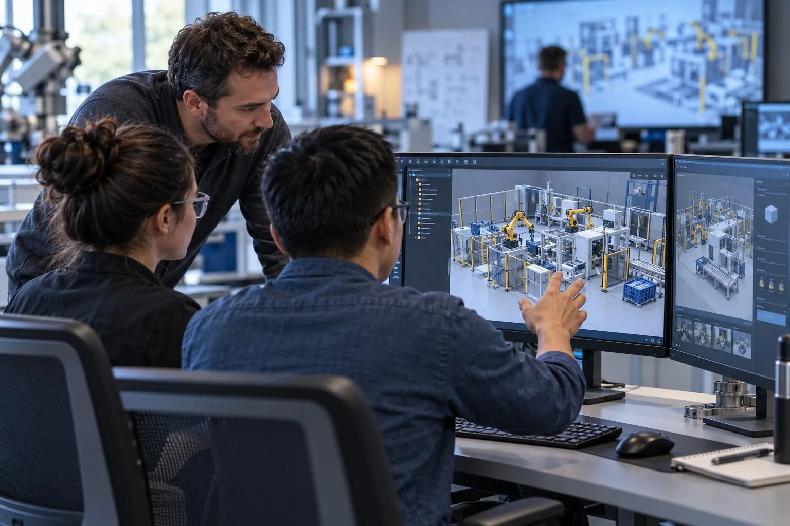 Engineers and an instructor reviewing a simulated manufacturing cell on a workstation.