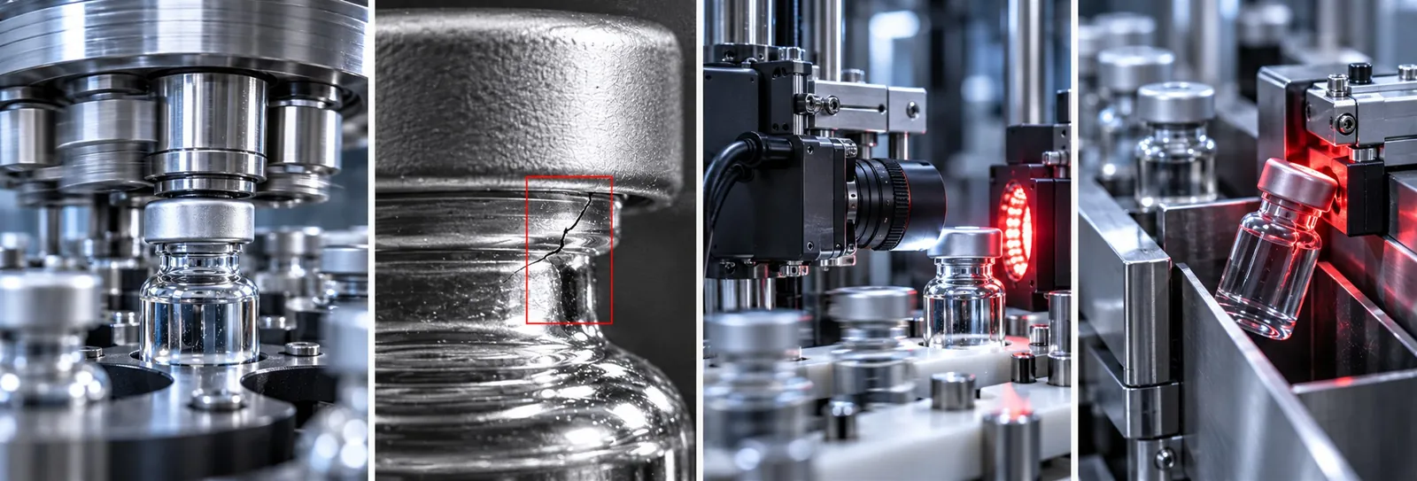 A sequence showing vial capping, a highlighted glass-rim crack, camera inspection, and red-lit rejection.