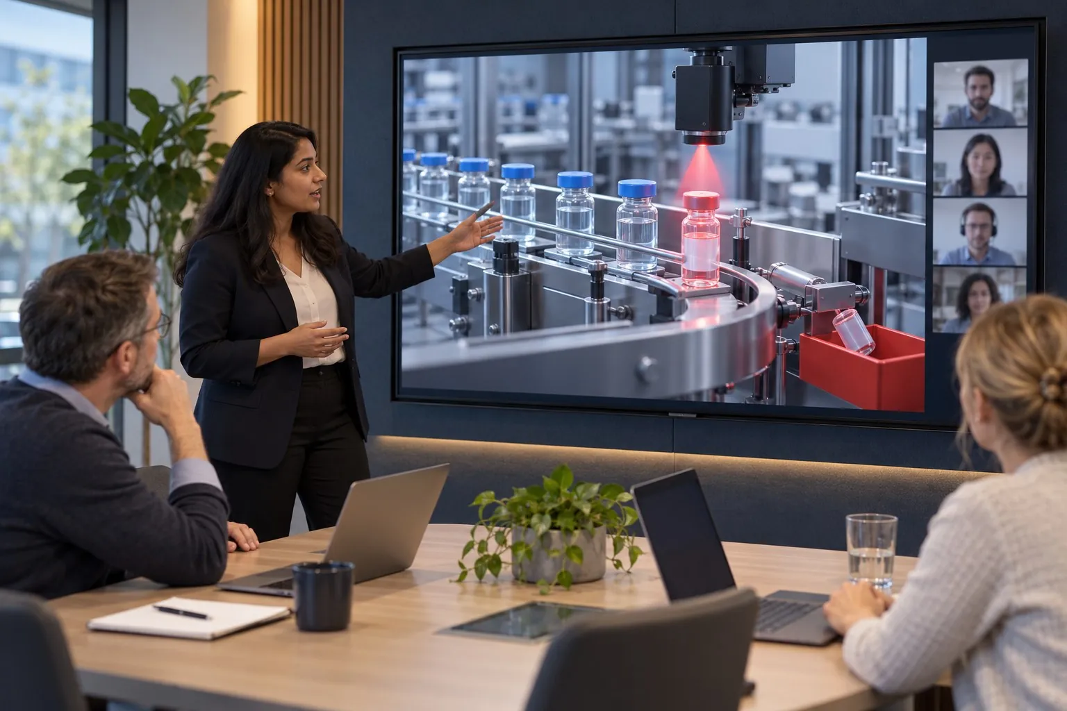 A practitioner presenting a simulated vial inspection application to colleagues.