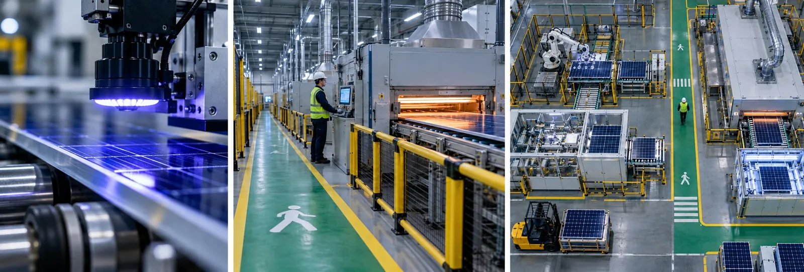 A solar-panel inspection camera, an operator beside a guarded laminator, and a bird's-eye factory view.