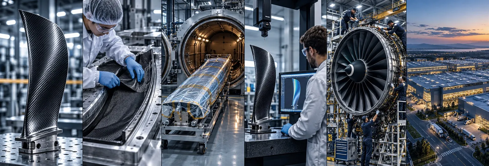 Composite aerospace blade preparation, layup, curing, inspection, engine assembly, and factory scale.
