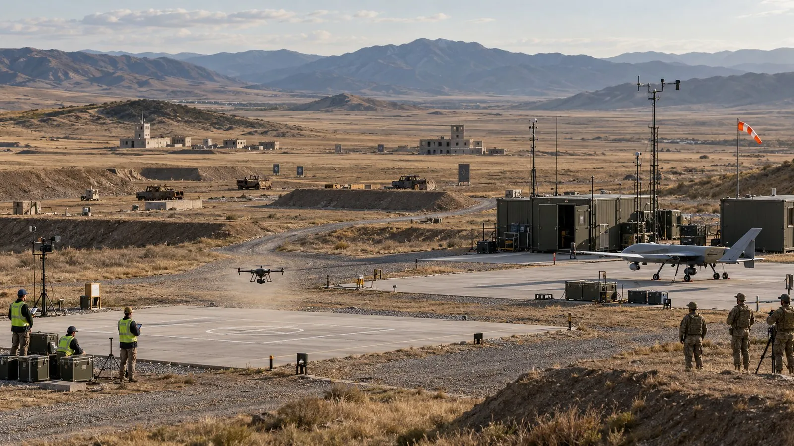 A quadcopter lifting off from a pad on a desert training range, with a ground crew, an observation tower, shelters and a fixed-wing drone