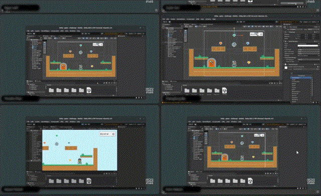 The original UME platform: four students' workstations, each building a 2D platform game