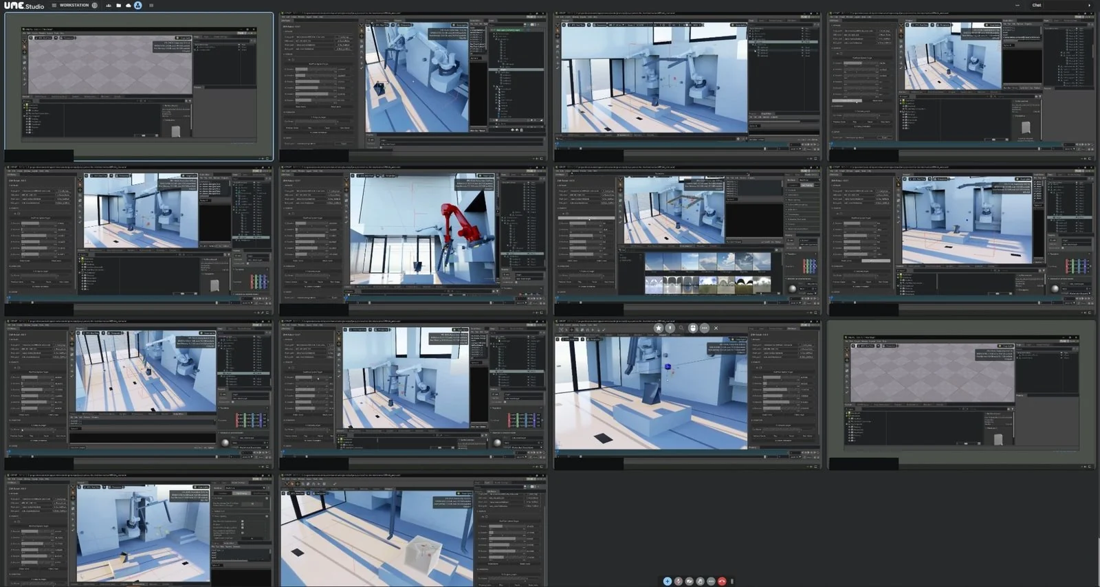 A live class: every participant's robot-cell workstation in one view